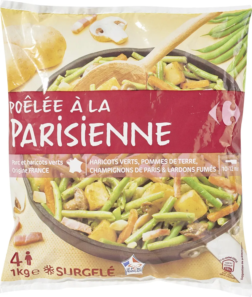 Poêlée A la Parisienne Haricots verts, pommes de terre, lardons fumés, carottes et champignons de Paris