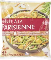 Poêlée A la Parisienne Haricots verts, pommes de terre, lardons fumés, carottes et champignons de Paris