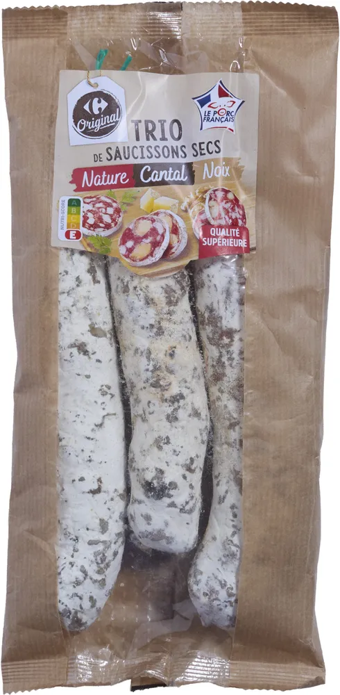 Trio de saucissons secs nature, cantal et noix