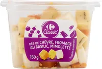 Dés de chèvre, fromage au basilic, mimolette