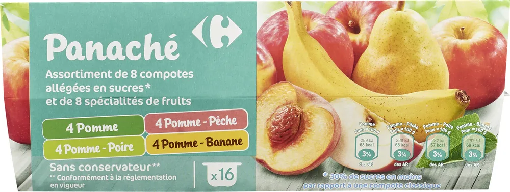 4 Pomme 4 Pomme Pêche 4 Pomme Poire 4 Pomme Banane Assortiment de 8 compotes allégées en sucres* et de 8 spécialités de fruits