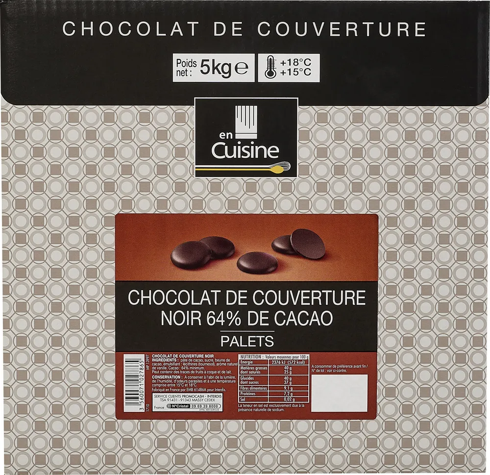 Chocolat de couverture noir 64% de cacao palets