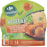 Boulgour au cumin, sauce piquante et boulettes au pois chiche