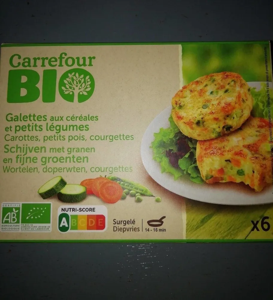 Galettes aux céréales et petits légumes Carottes, petits pois, courgettes