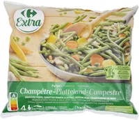 Poêlée champêtre Haricots verts, carottes orange et jaunes, garden peas, champignons de Paris