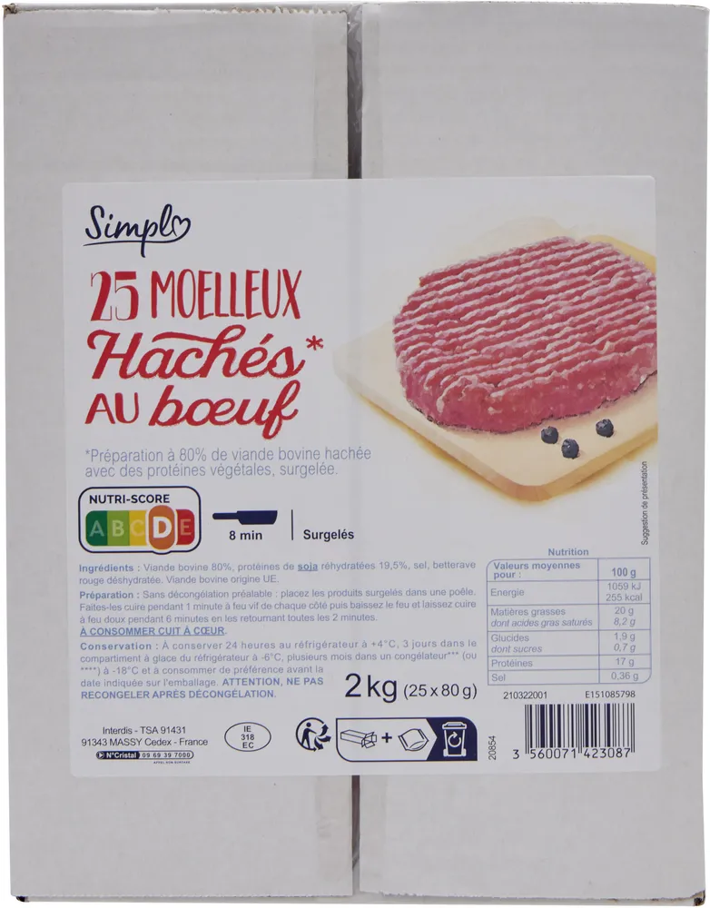 25 moelleux hachés* au bœuf *Préparation à 80% de viande bovine hachée avec des protéines végétales, surgelée.