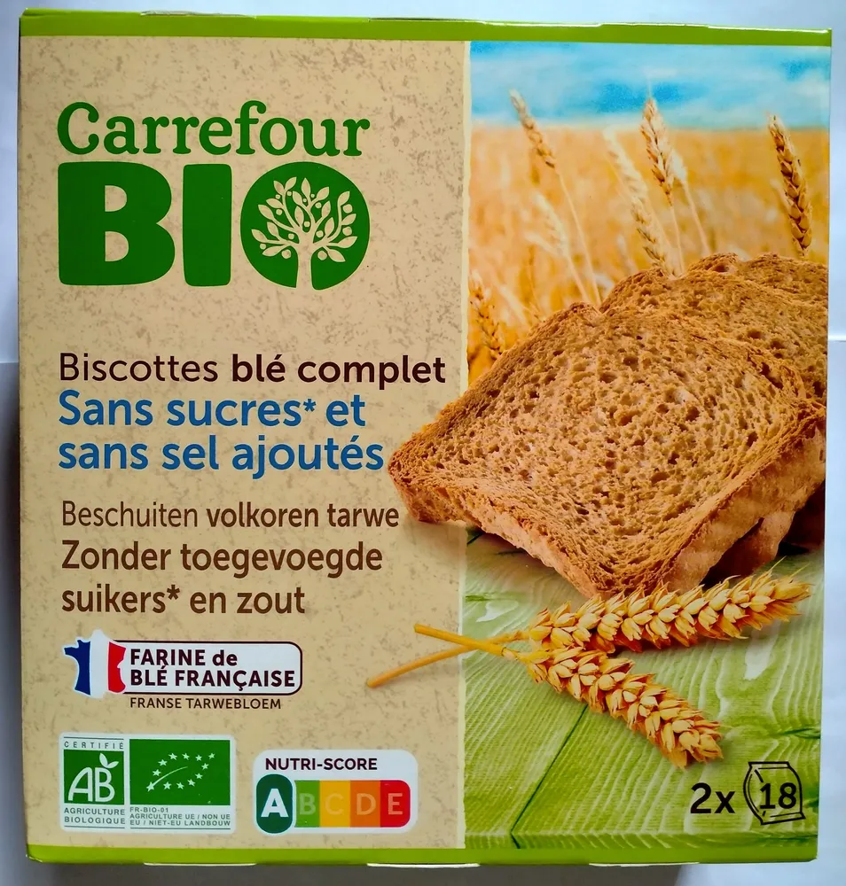 Biscottes blé complet Sans sucres* et sans sel ajoutés