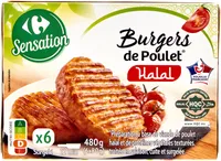 Moelleux* de POULET Halal *Préparation à 53% de viande de poulet halal avec protéines végétales texturées, traitée en salaison, cuite et surgelée.