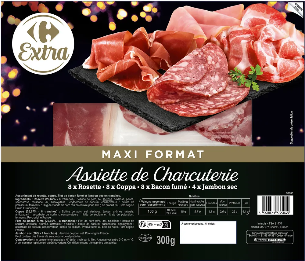 Assiette de Charcuterie 8 x Rosette - 8 x Coppa - 8 x Bacon fumé - 4 x Jambon sec