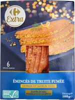 Émincés de Truite Fumée Citron et saveur yuzu Élevée en mer Fumée au bois de hêtre Fumé en France Élevée hors France: voir origine au dos Emincés de truite arc-en-ciel d'élevage, fumée au bois de hêtre, aux zestes de citron et huile aromatisée au yuzu, décongelés.