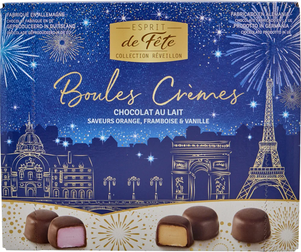 Boules Crèmes * Chocolat au lait Saveurs orange, framboise & vanille