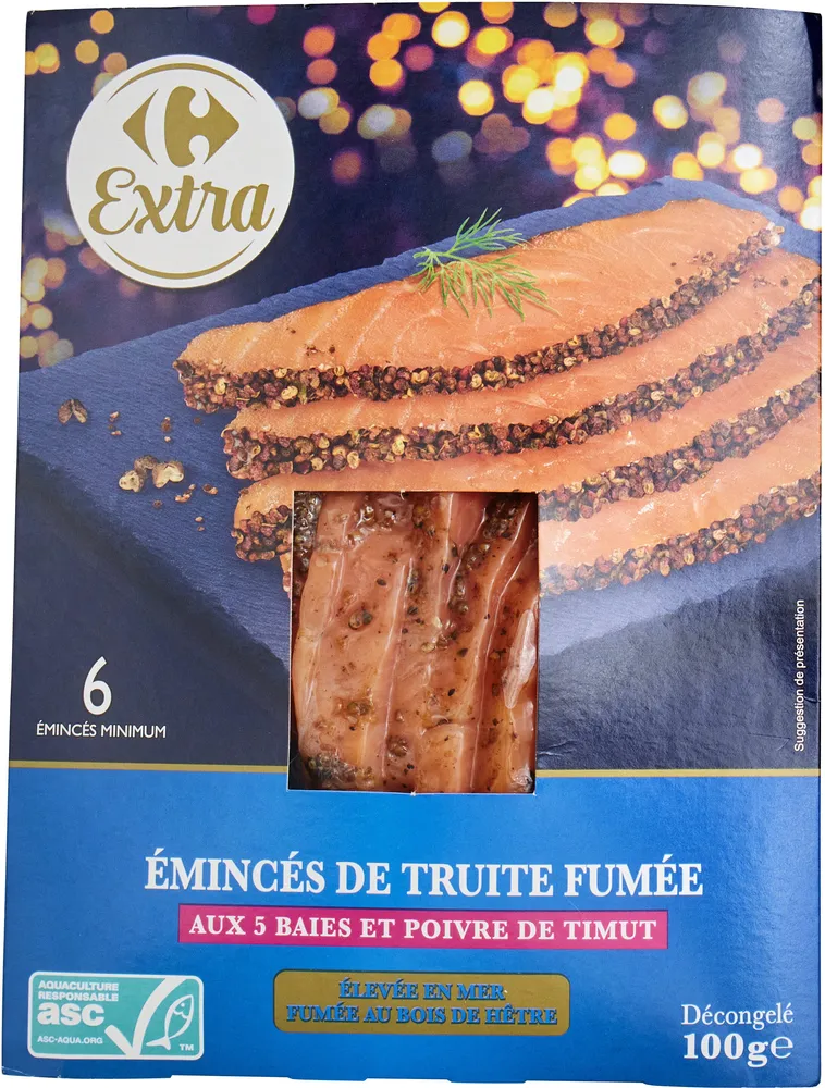 Émincés de truite fumée Aux 5 baies et poivre de Timut Élevée en mer Fumée au bois de hêtre Fumé en France Élevée hors France: voir origine au dos Émincés de truite arc-en-ciel d'élevage, fumée au bois de hêtre, aux cinq baies et poivre de Timut, décongelés.
