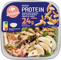HIGH PROTEIN Salade penne complètes, oeufs, duo de saumon, graines de courge