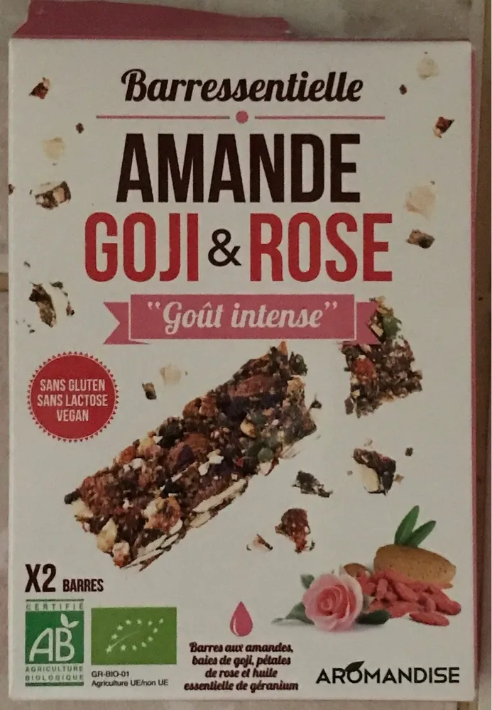 Barres aux amandes, baies de goji, pétales de rose et huile essentielle de géranium