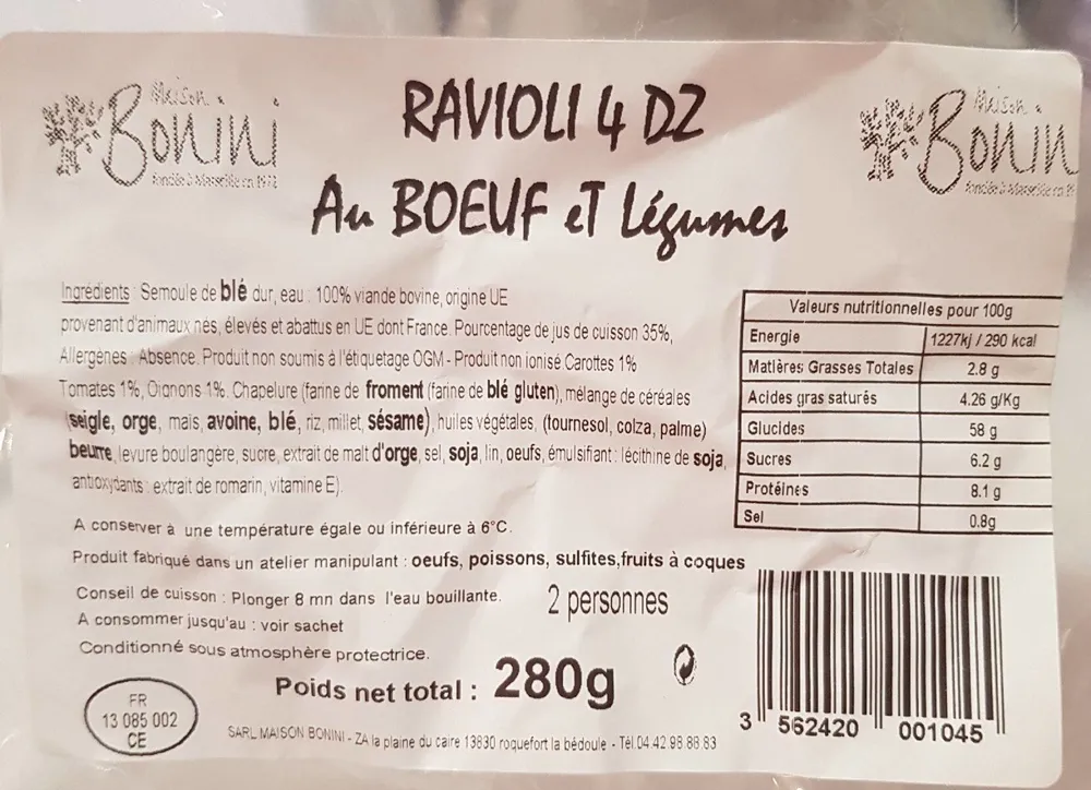 Raviolis au bœuf et légumes 4 douzaines
