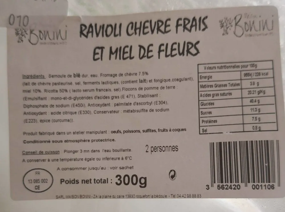 Raviolis chèvre frais et miel de fleurs