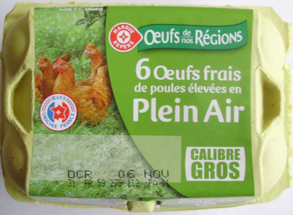 6 Œufs frais de poules élevées en Plein Air (Calibre Gros)