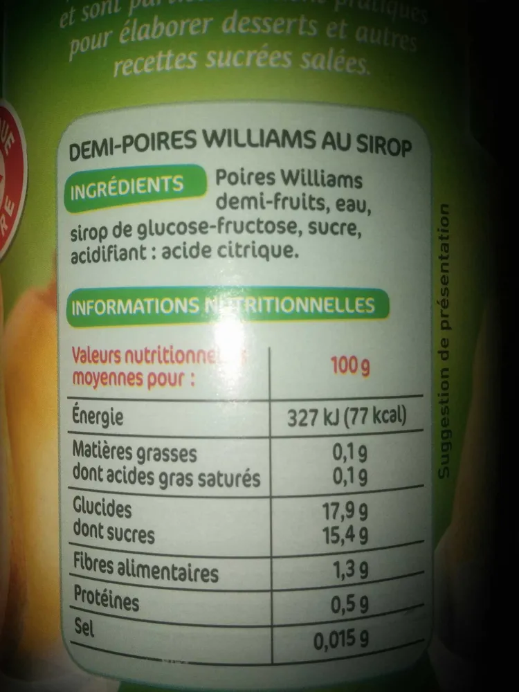 Poires william 1/2 fruits au sirop