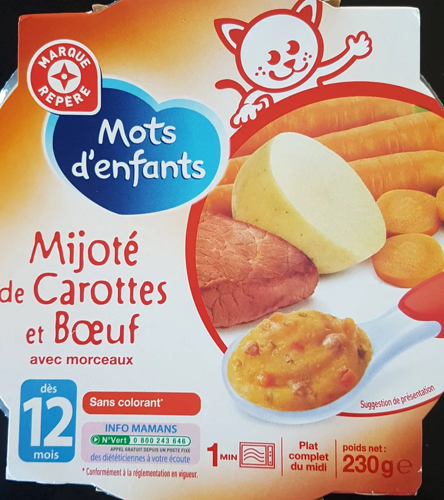 Mijoté De Carottes Et Buf, Assiette De 230 Grammes, Marque Mots D'enfants