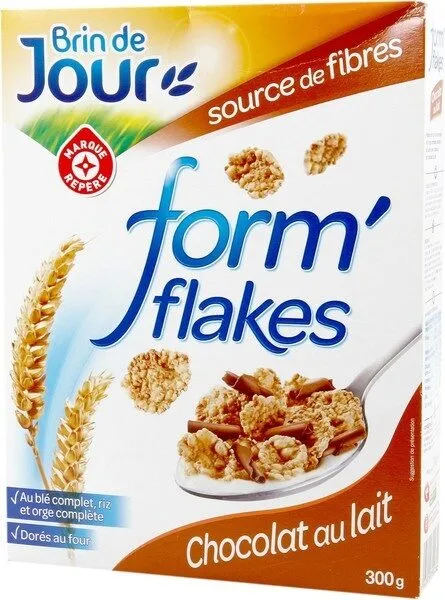 Formes flakes pétales de riz et de blé complet aux copeaux de chocolat au lait