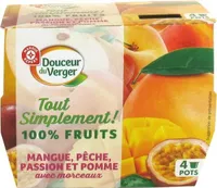 Spécialité de fruits avec morceaux mangue, pêche, passion et pomme
