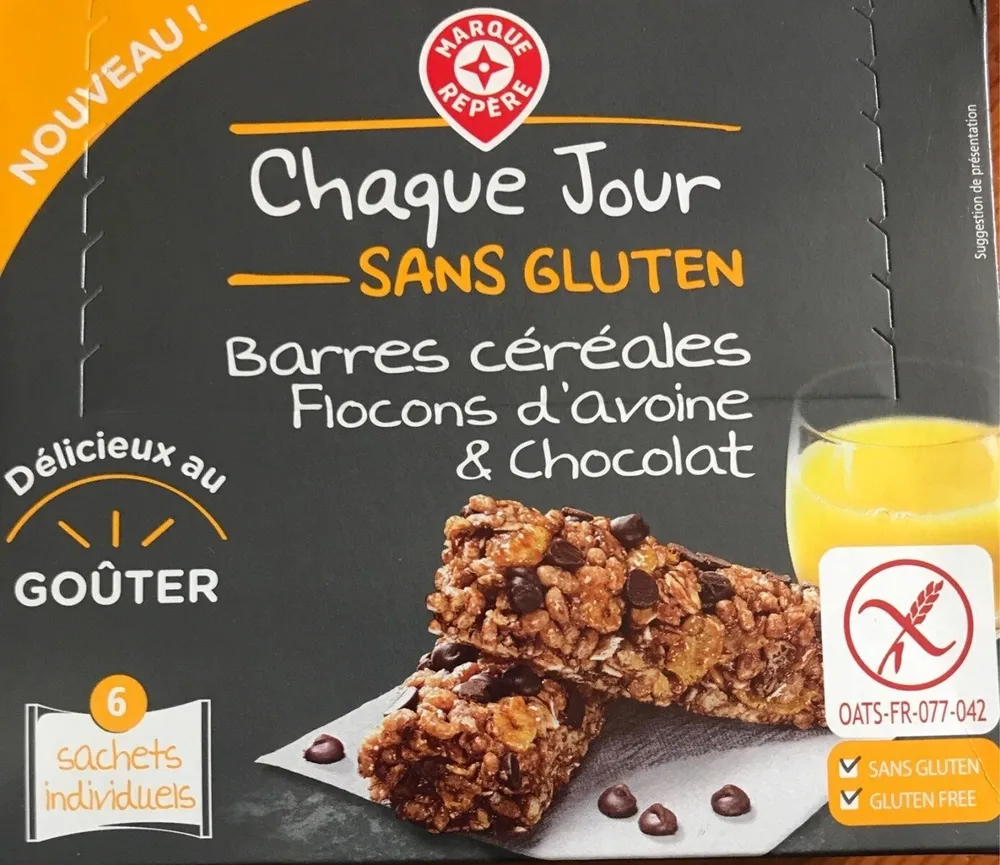 Barres céréales flocons d'avoine et chocolat sans gluten x 6