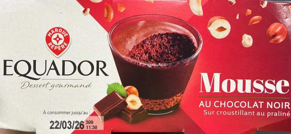 Mousse au chocolat noir sur croustillant au praliné