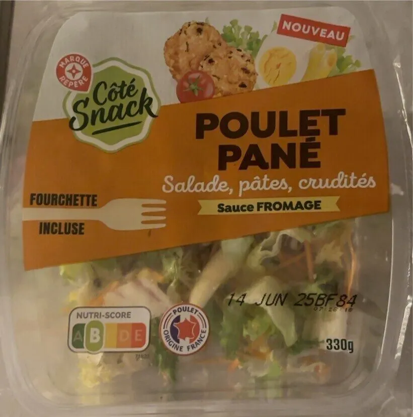 Poulet pané salade pâtes crudités