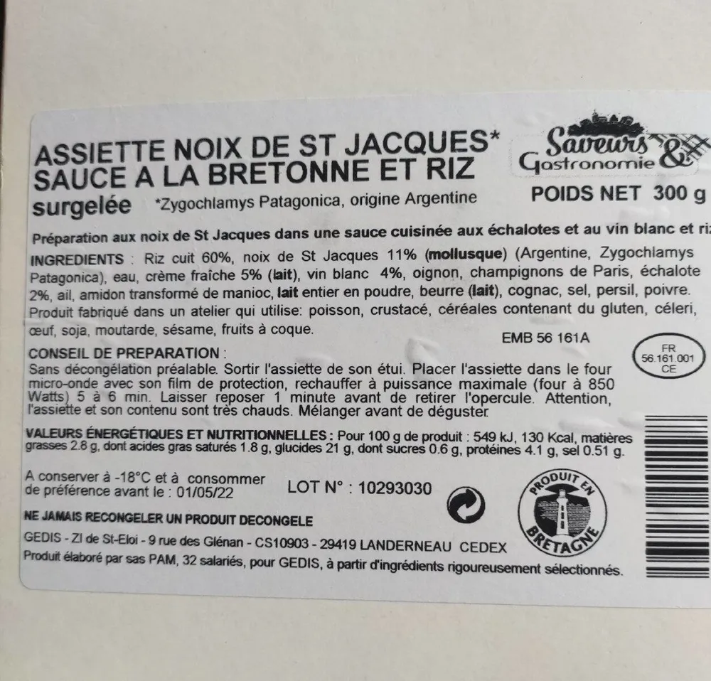 Assiette noix de Saint-Jacques sauce à la Bretonne et riz