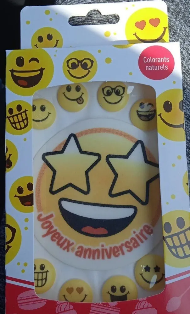 Décor joyeux anniversaire emojicone en sucre