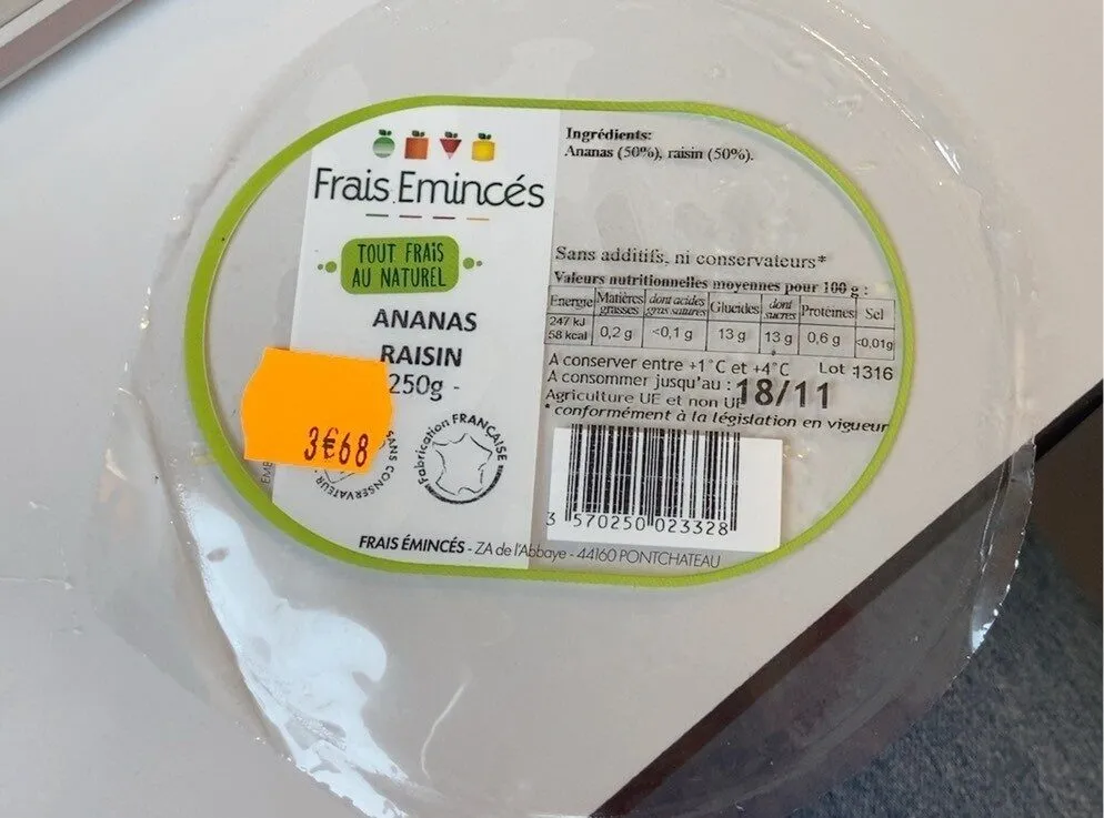 Duo ananas/raisin, barquette, 250g