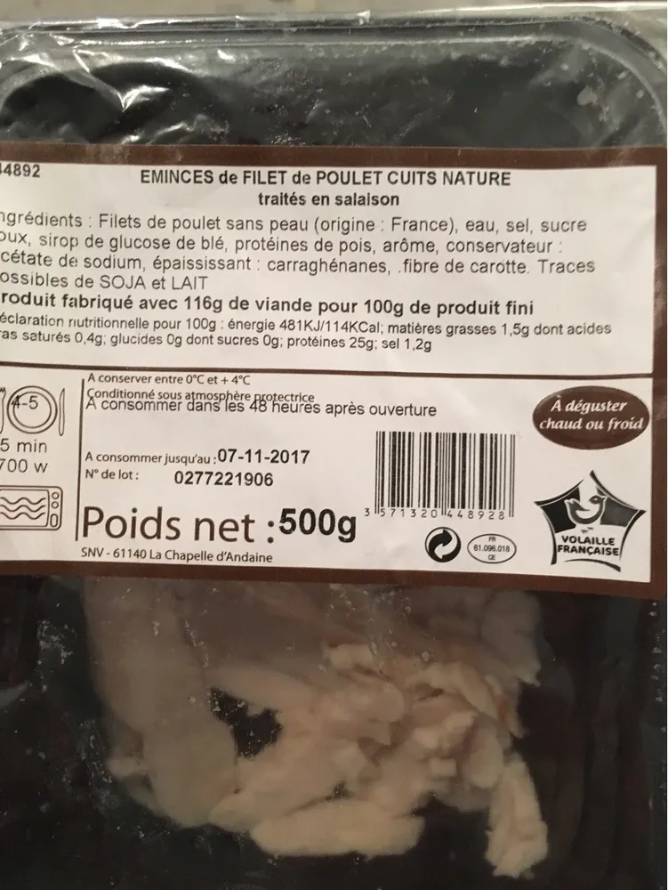 Emincés de filet de poulet cuits nature
