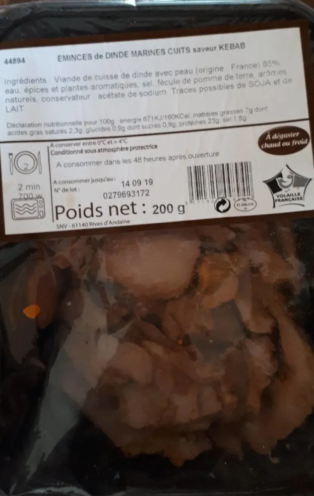 Émincé de dinde marinés cuits saveur kebab