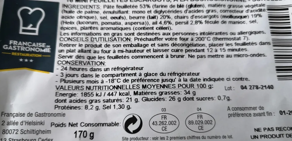 16 mini feuilletés escargots à la Bourguignonne surgelés