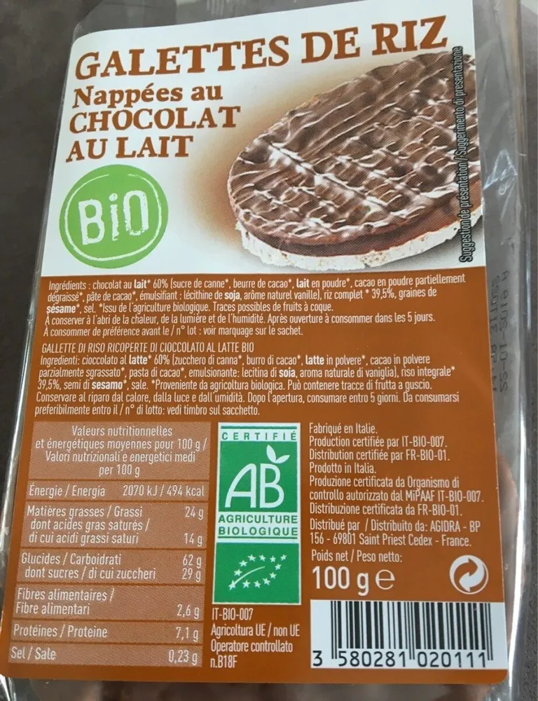 Galettes de riz nappées de chocolat au lait