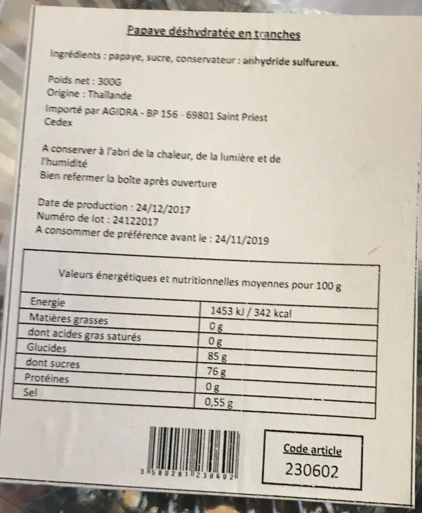 Papaye déshydratée en tranches