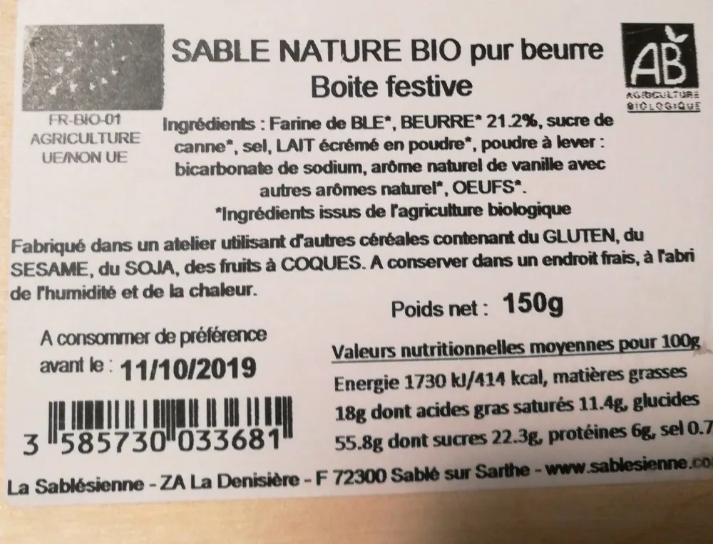 Sablé nature bio pur beurre