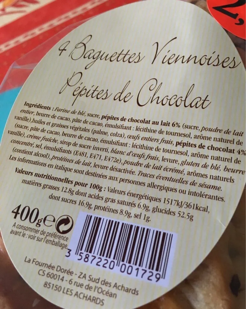 Baguettes viennoises pépites de chocolat