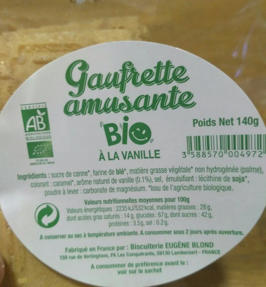Gaufrette amusante bio à la vanille