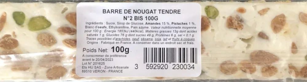 BARRE DE NOUGAT TENDRE N°2 BIS 100G