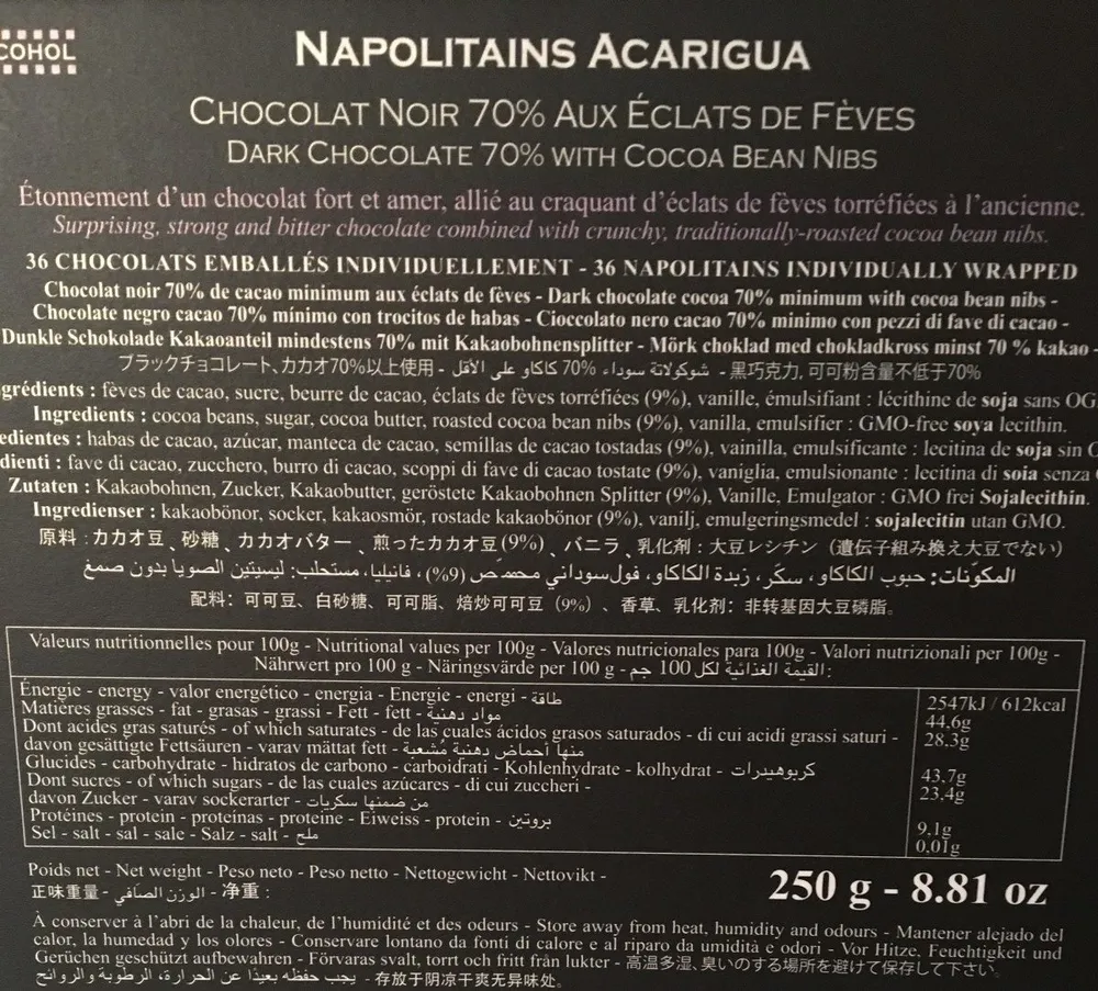 Chocolat Noir 70% - Napolitain Acariga Aux éclats De Fève