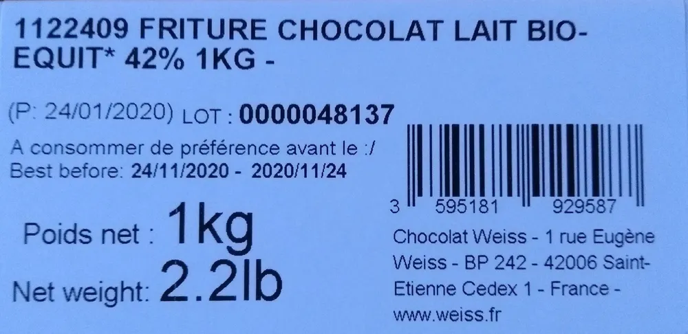 Fritures chocolat lait bio équitable 42% cacao (en vrac)