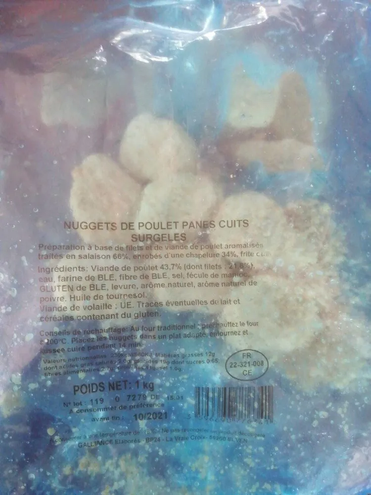Nuggets de poulets panés cuits surgelés