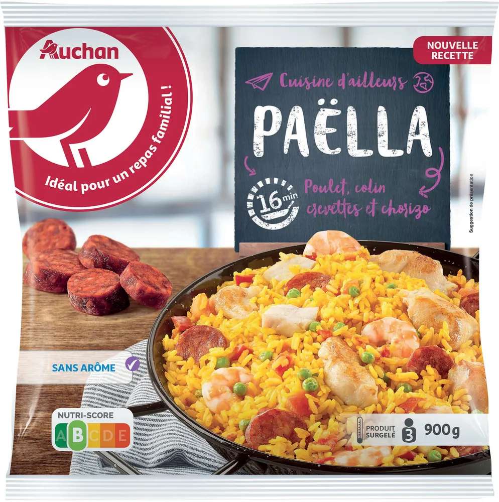 Paella, poulet colin, crevettes et chorizo