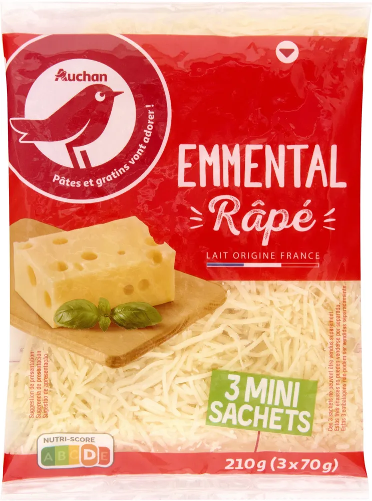 Emmental râpé 3 MINI SACHETS 210g (3x70g)