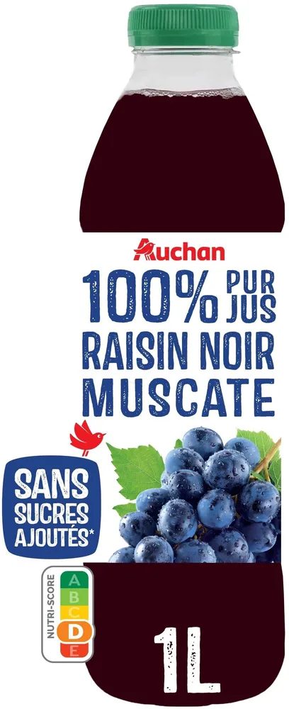 100% pur jus RAISIN NOIR MUSCATÉ Sans sucres ajoutés** Comme tous les jus de fruits. Contient les sucres naturellement présents dans les fruits.