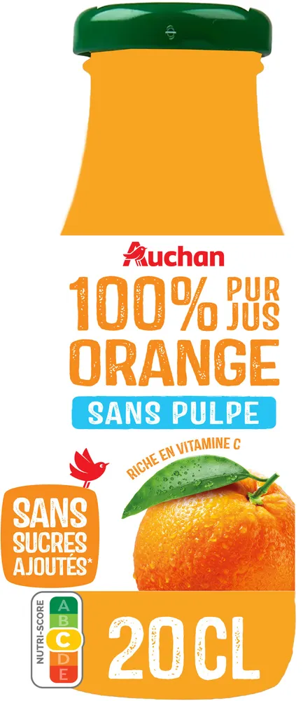 100% Pur jusOrange sans pulpeRiche en vitamine CSans sucres ajoutés** Comme tous les jus de fruits. Contient les sucres naturellement présents dans les fruits.
