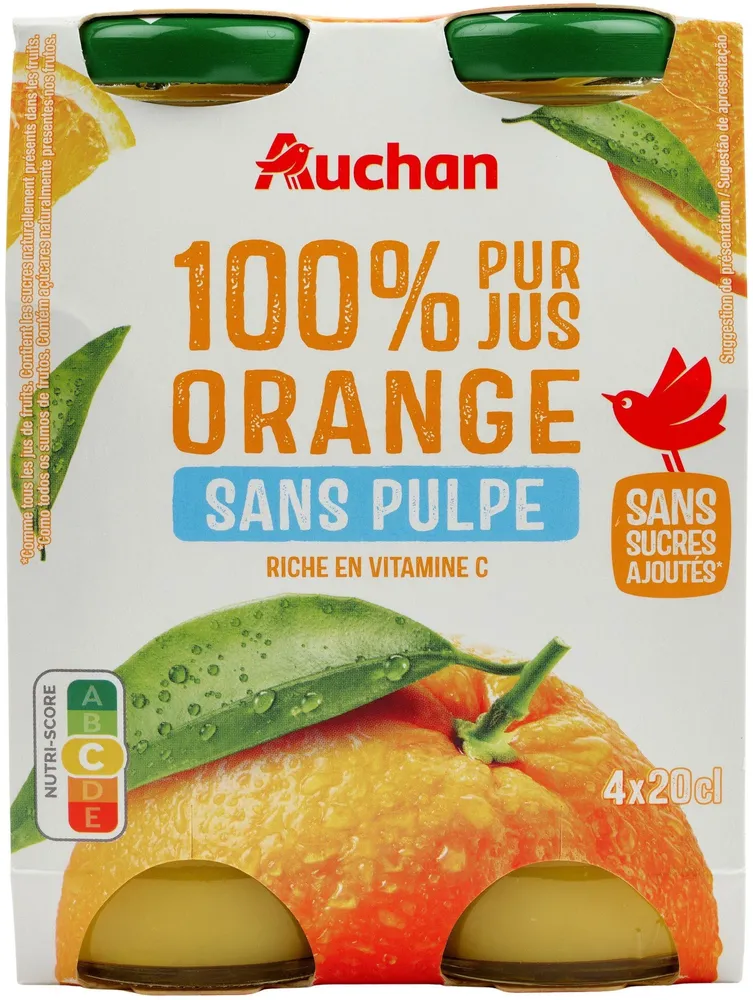 100% Pur jusOrange sans pulpeRiche en vitamine CSans sucres ajoutés** Comme tous les jus de fruits. Contient les sucres naturellement présents dans les fruits.