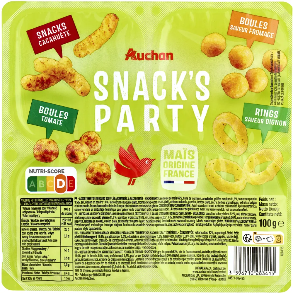 Snacks'party : rings saveur oignon, boules tomate, boules saveur fromage, snacks cacahuète