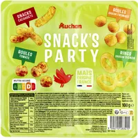 Snacks'party : rings saveur oignon, boules tomate, boules saveur fromage, snacks cacahuète